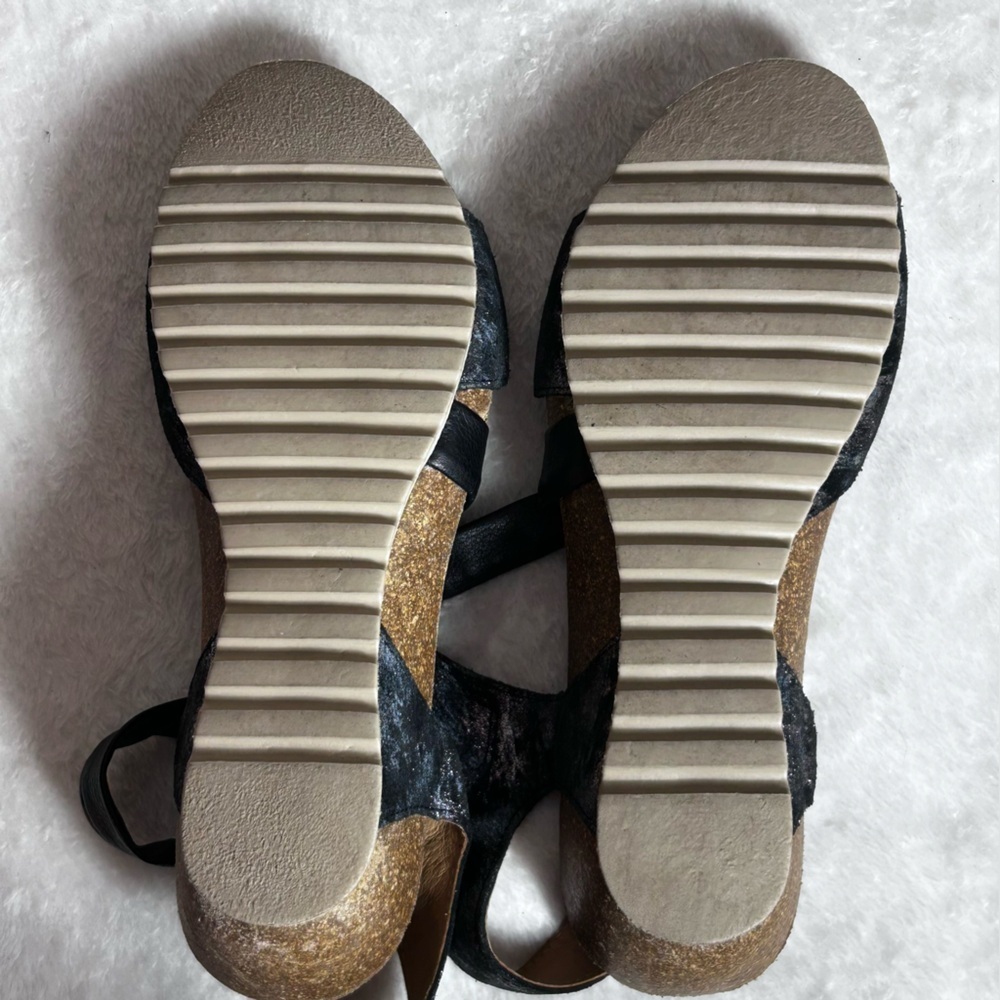 Wandapanda Blue and Silver Leather Adjustable Strap Womens Wedge 2” Heel Sandals - Picture 9 of 11